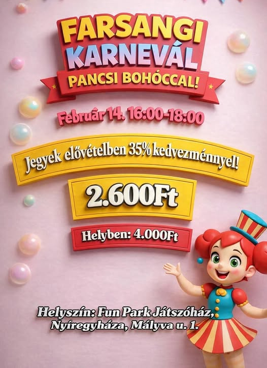 Farsangi karnevál a FUN PARK játszóházban Pancsi bohóccal!